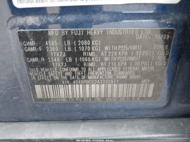 2010 SUBARU OUTBACK 4S4BRBCC2A3332971 Photo 8