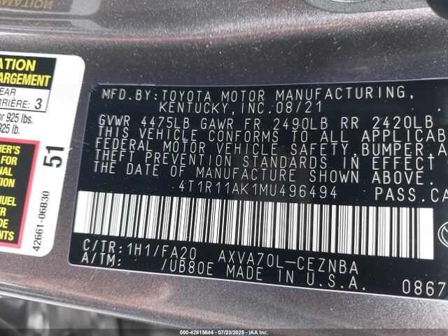 4T1R11AK1MU496494 Toyota a25a-fks