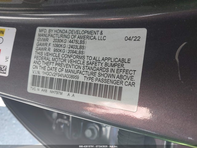 1HGCV2F94NA008959 Honda k20c4