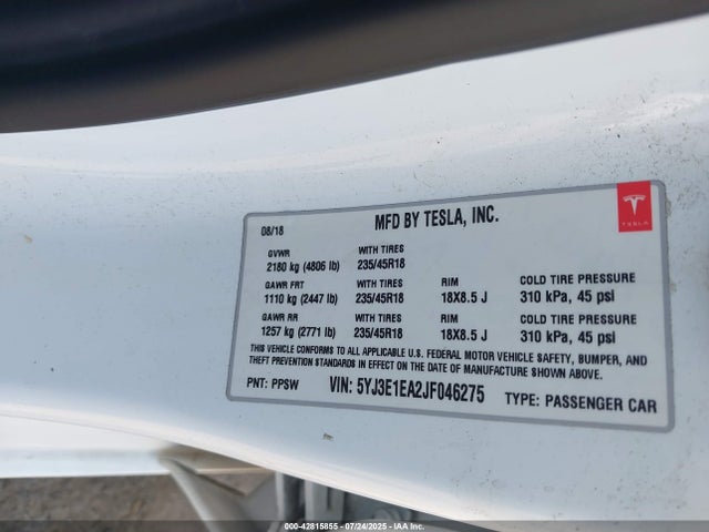 2018 TESLA MODEL 3 5YJ3E1EA2JF046275 Photo 8