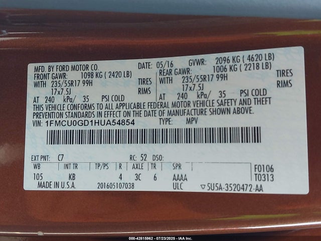 1FMCU0GD1HUA54854 Ford gtdi sigma w/premium fuel