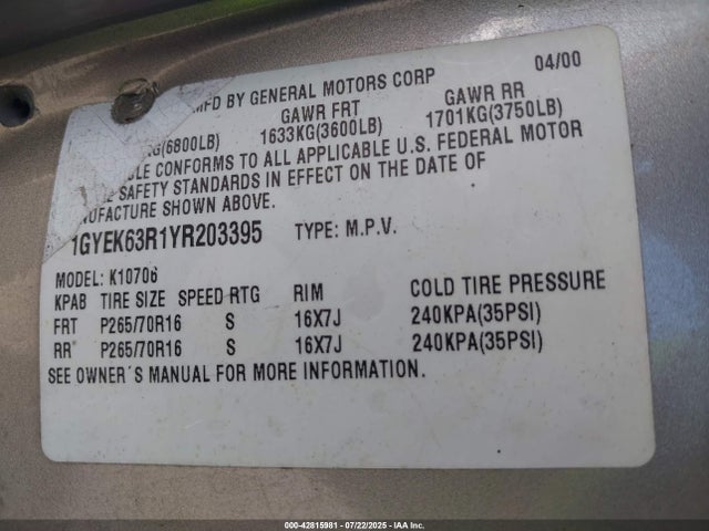 2000 CADILLAC ESCALADE 1GYEK63R1YR203395 Photo 8