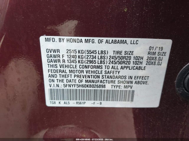 5FNYF5H60KB026898 Honda j35y6