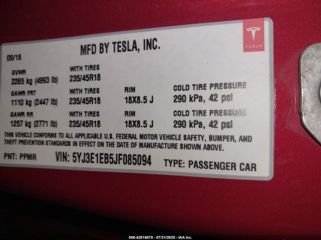 5YJ3E1EB5JF085094 Tesla MODEL 3