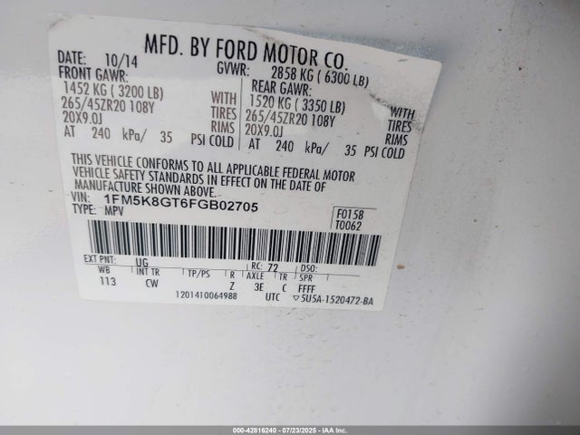 1FM5K8GT6FGB02705 Ford 2015