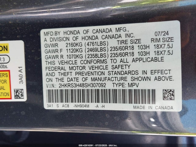 2HKRS3H48SH307092 Honda l15be