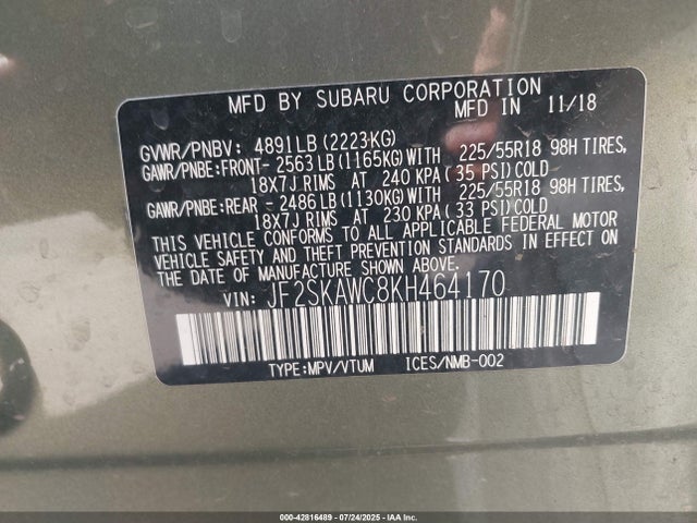 Subaru naturally aspirated u5 2019 JF2SKAWC8KH464170 Image 9