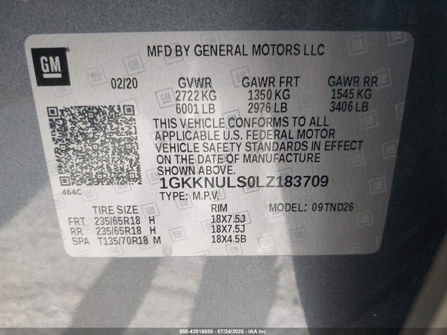 1GKKNULS0LZ183709 GMC lgx - direct injection, variable valve timing, alum, gen 2