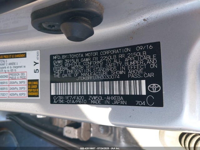 JTDKBRFU7H3030074 Toyota 2zr-fxe,1nm