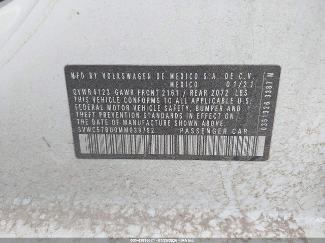 Продаж на аукціоні авто 2021 Volkswagen Jetta 1.4t R-line/1.4t S/1.4t Se, vin: 3VWC57BU0MM039792, номер лоту: 42816621