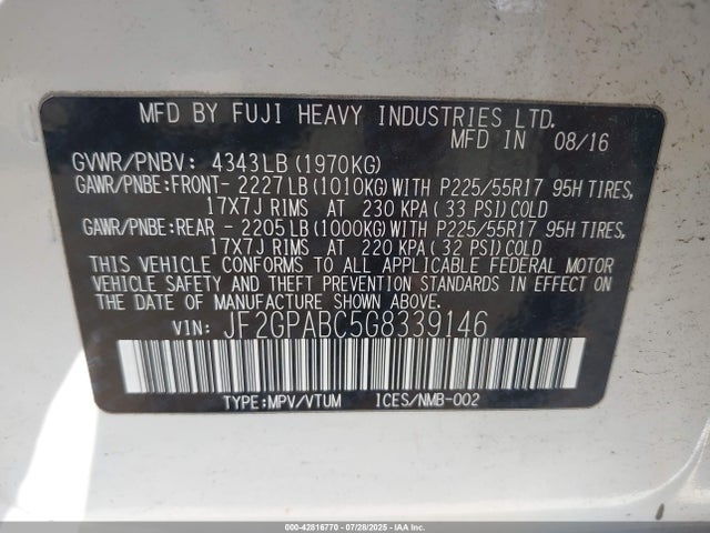 42816770 :رقم المزاد ، JF2GPABC5G8339146 vin ، 2016 Subaru Crosstrek 2.0i Premium مزاد بيع