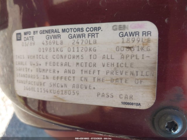 1989 CADILLAC ELDORADO 1G6EL1154KU618059 Photo 8