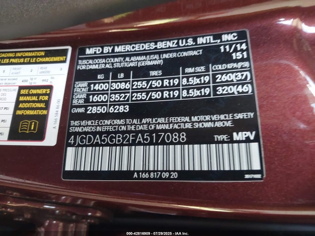 Mercedes-Benz Ml-Class 2015 4JGDA5GB2FA517088 Image 9