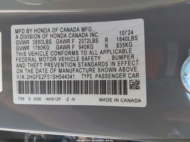 Honda k20c9 2025 2HGFE2F51SH544341 Image 9