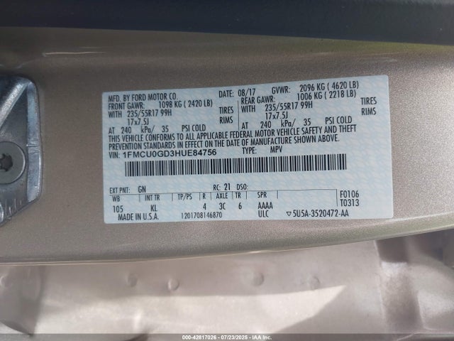 1FMCU0GD3HUE84756 Ford ESCAPE SE