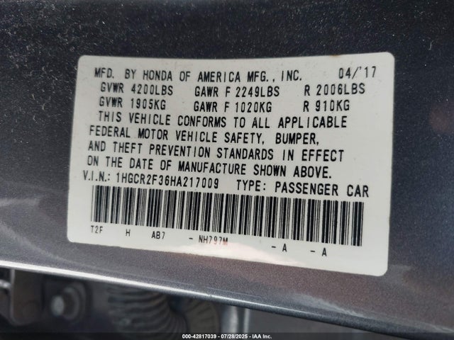 1HGCR2F36HA217009 Honda k24w1