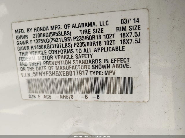 Honda j35z4 2014 5FNYF3H5XEB017917 Image 9