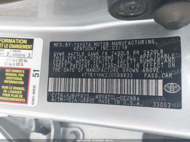 2018 TOYOTA CAMRY 4T1B11HK2JU099833 Photo 8