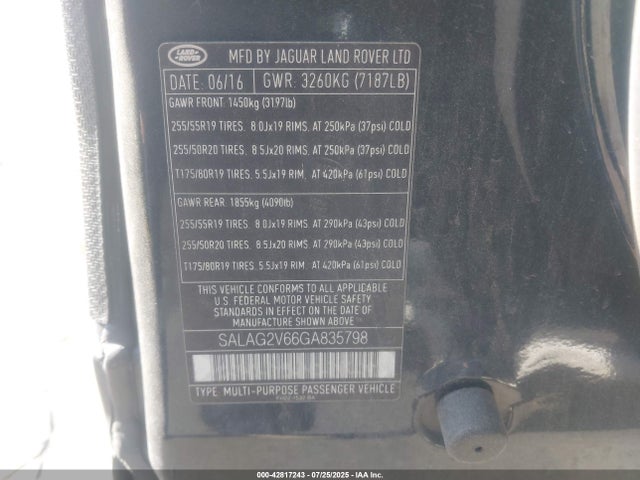 Land Rover s/c lev2 ulev 2016 SALAG2V66GA835798 Image 9