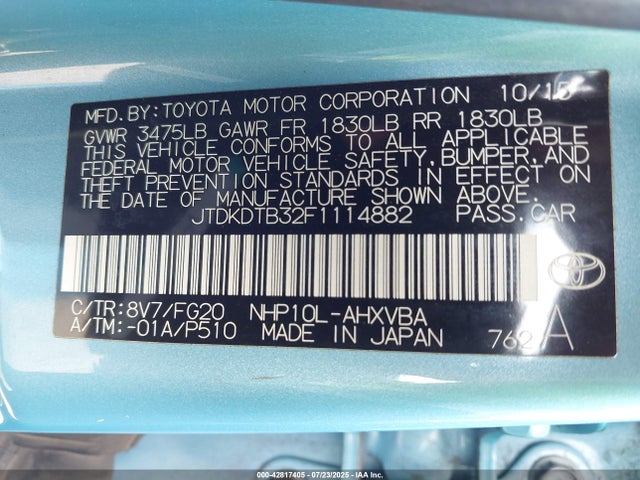 JTDKDTB32F1114882 Toyota 1nz-fxe+1lm