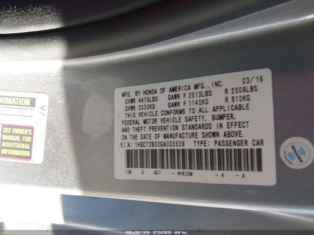 Honda j35y1 2016 1HGCT2B00GA005539 Image 9