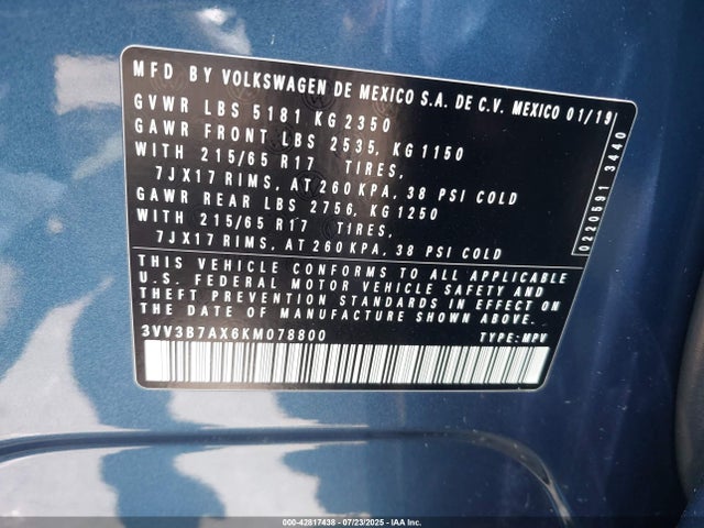 3VV3B7AX6KM078800 Volkswagen 2019