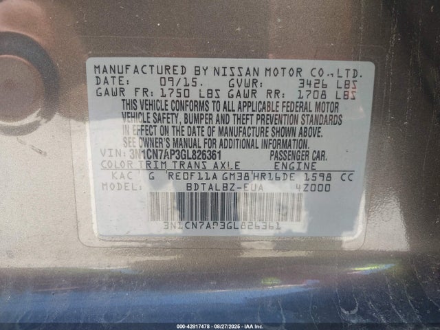 Nissan VERSA S 2016 3N1CN7AP3GL826361 Image 21