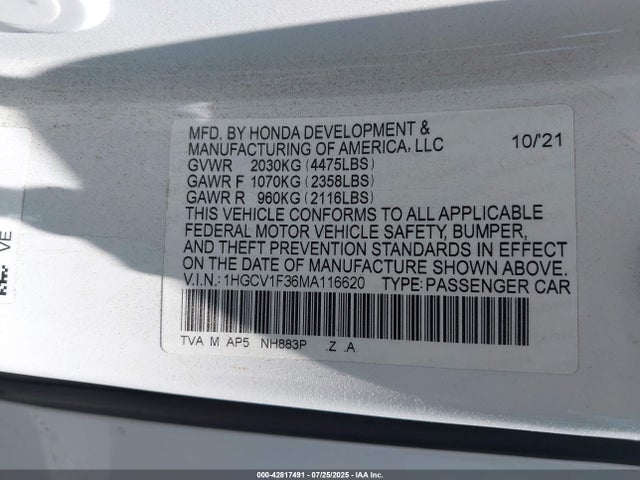 1HGCV1F36MA116620 Honda l15be
