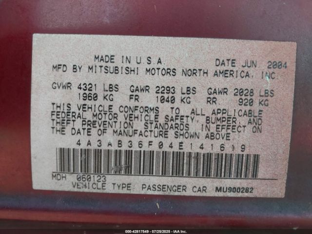 2004 MITSUBISHI GALANT 4A3AB36F04E141619 Photo 8