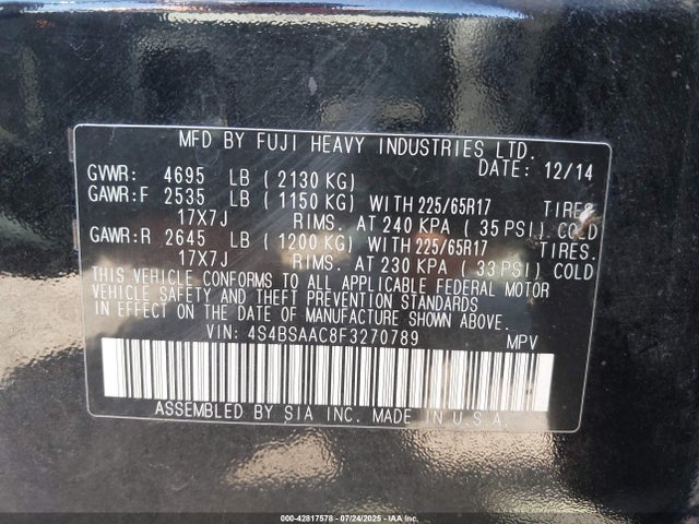 Subaru 2.5l u5 2015 4S4BSAAC8F3270789 Image 9