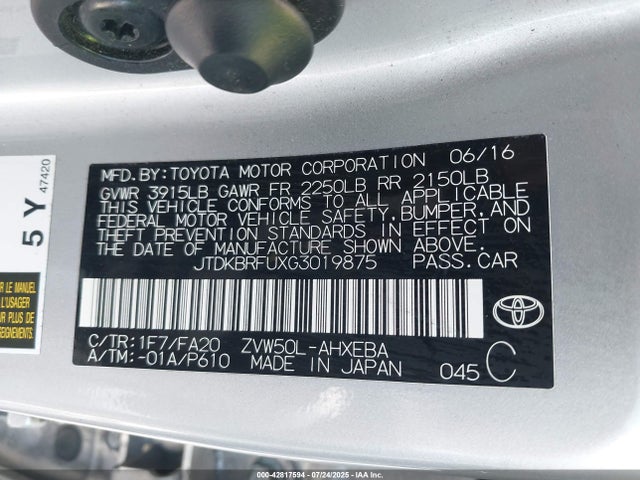 JTDKBRFUXG3019875 Toyota 2zr-fxe,1nm