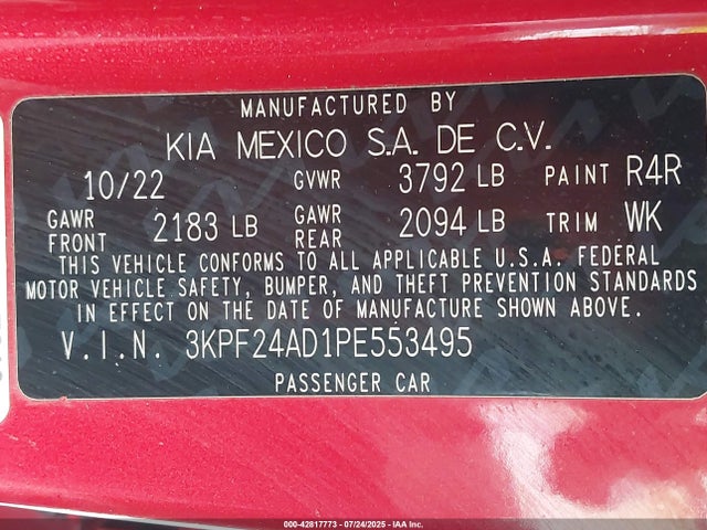 Aukcja sprzedaży 2023 Kia Forte Lxs, vin: 3KPF24AD1PE553495, numer aukcji: 42817773