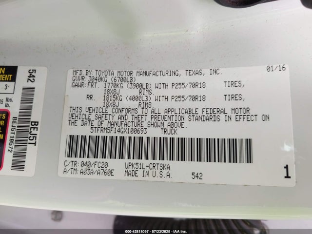 Toyota 1ur-fe 2016 5TFRM5F14GX100693 Image 9