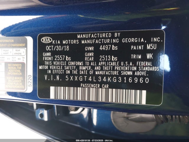 5XXGT4L34KG316960 KIA gdi