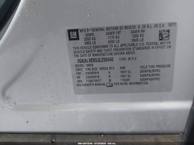 3GKALVEX6JL238040 GMC ltg - spark ignited direct injection, alum dohc, vvt, dcvcp turbo, e0-e100, alum