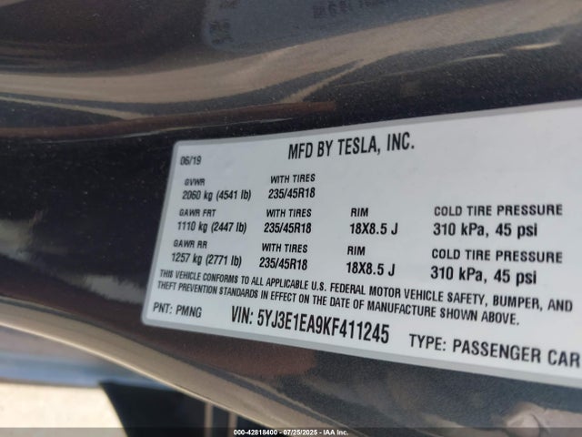 2019 TESLA MODEL 3 5YJ3E1EA9KF411245 Photo 8