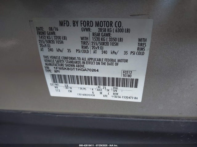 1FM5K8GT1HGA70264 Ford EXPLORER SPORT