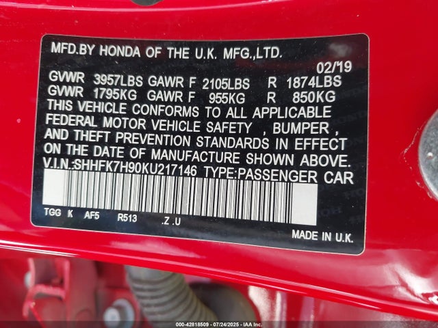SHHFK7H90KU217146 Honda l15ba