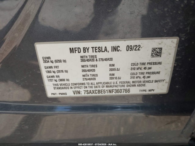 2022 TESLA MODEL X 7SAXCBE51NF360766 Photo 8