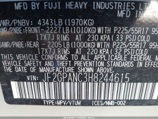 Subaru naturally aspirated 2017 JF2GPANC3H8244615 Image 9