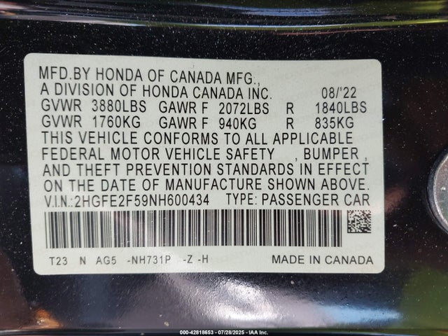 Honda k20c2 2022 2HGFE2F59NH600434 Image 9