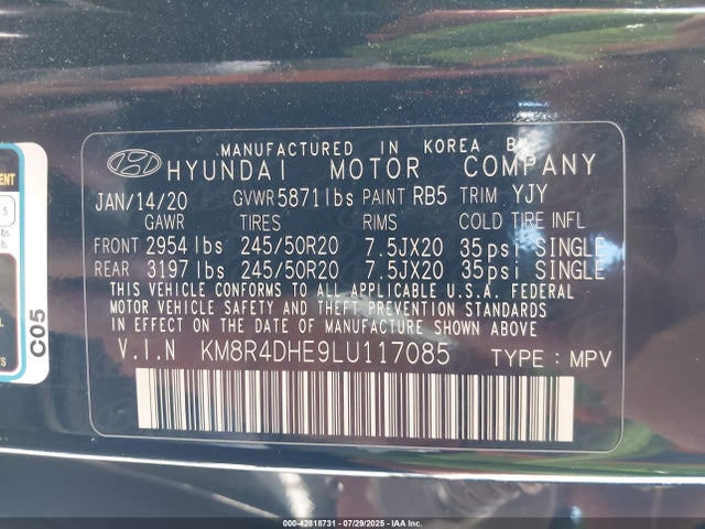 KM8R4DHE9LU117085 Hyundai gdi lambda ii