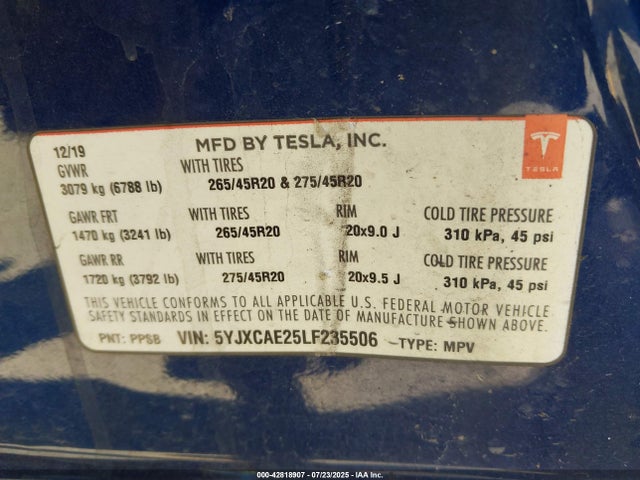 2020 TESLA MODEL X 5YJXCAE25LF235506 Photo 8