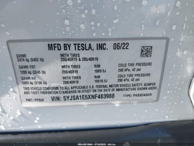 2022 TESLA MODEL S 5YJSA1E5XNF483988 Photo 8