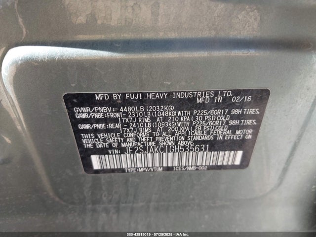 Subaru naturally aspirated u5 2016 JF2SJAKC1GH535631 Image 9