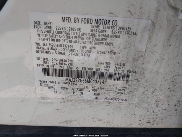 MAJ3S2GE6MC437144 Ford 2021