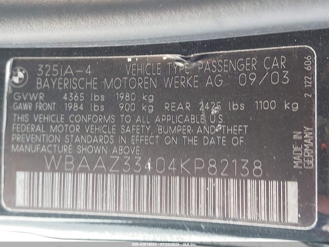 42819053 :رقم المزاد ، WBAAZ33404KP82138 vin ، 2004 Bmw 325i مزاد بيع