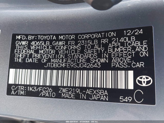 Toyota 2zr-fxe 2025 JTDBCMFE9SJ042643 Image 9