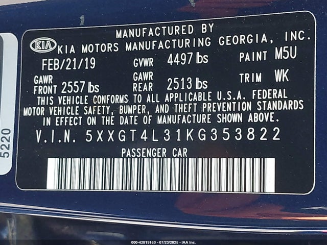 KIA gdi 2019 5XXGT4L31KG353822 Image 9