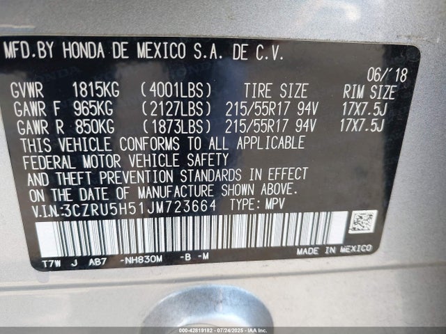 3CZRU5H51JM723664 Honda r18z9